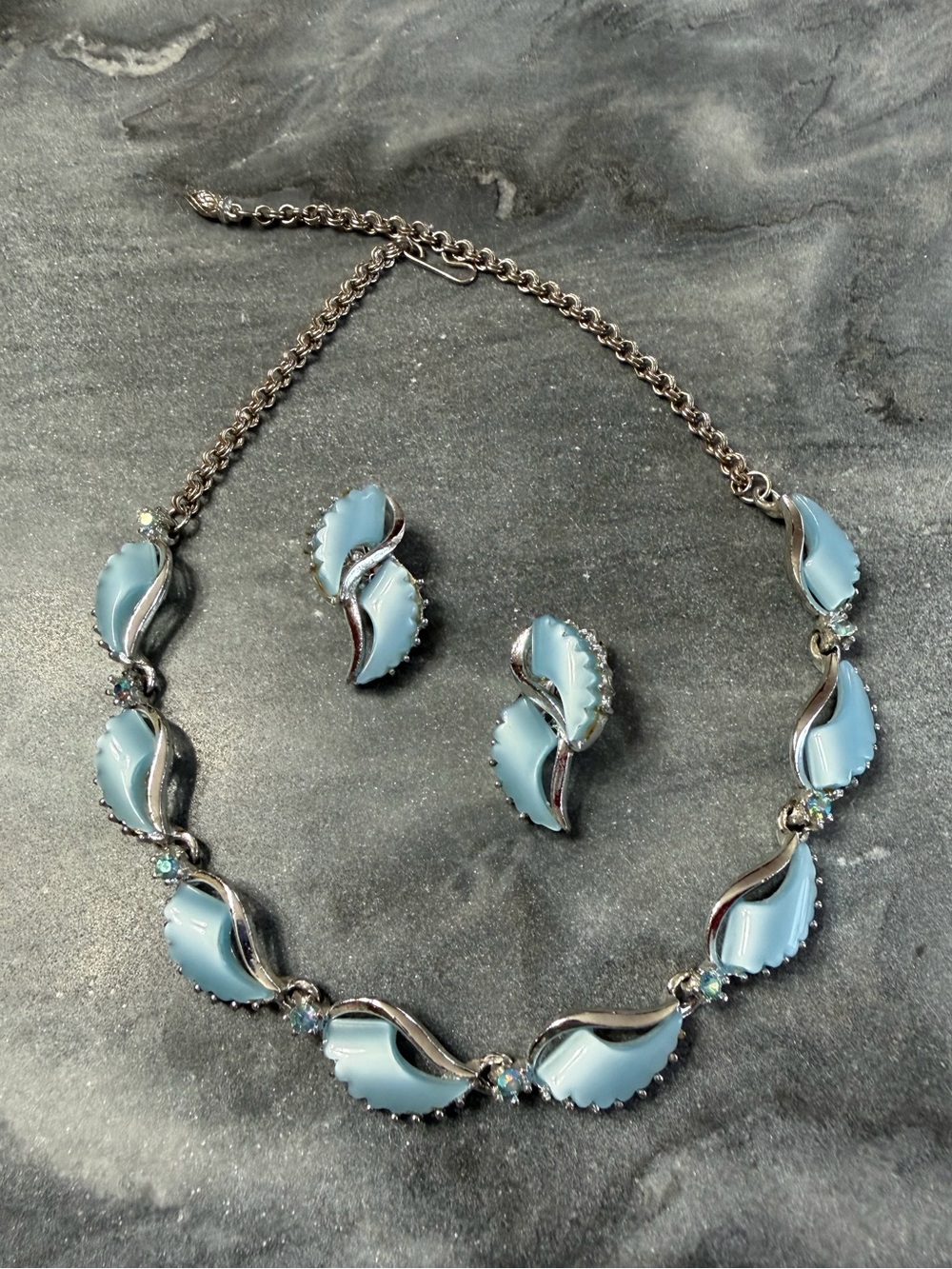 Vintage Baby Blue Thermoset Moonglow Lucite Necklace Clip on Earrings Set